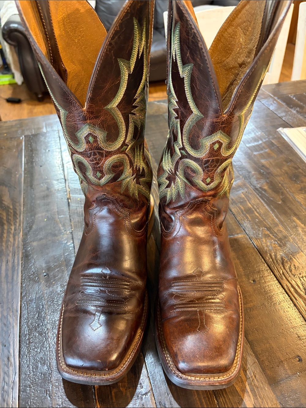 Ariat Brown Leather Cowboy Boots with Green Embroidered Shaft